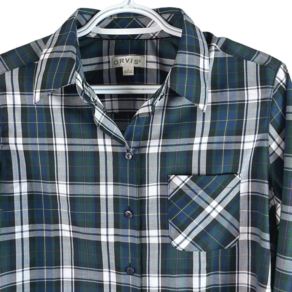 Orvis Button Down‎ Shirt Women 8 Green Blue Plaid Long Sleeve Pocket Stretch